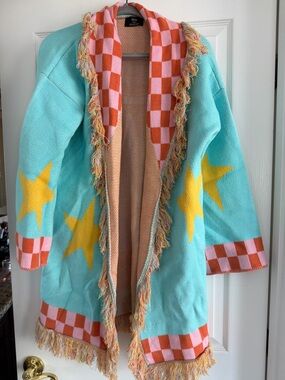 Dressed in LALA Turquoise Cardigan with Yellow Stars & Pink-Orange Check Trim